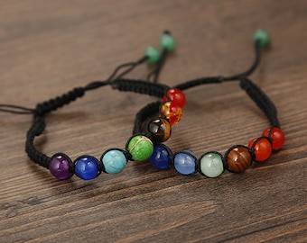 8MM Natural Stone Seven Color Rainbow Seven Chakra Bracelet Therapy Reiki Stone Prayer Balance Bead Weaving Adjustable Bracelet Wholesale