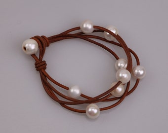 Pulsera de piedra perla de agua dulce de las mujeres, brazalete de perlas de cuero negro o marrón, joyería con perlas con nudos, pulsera redonda con cuentas, pulsera ajustable,
