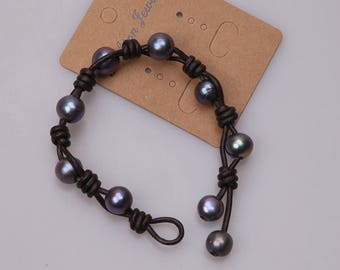 Black Freshwater Pearls Bracelets, Women Handmade Pearl Leather Bracelet,Beaded Bangles Girls Near Round Pearl Wristband Knotted Jewelry