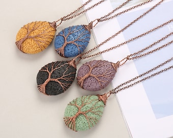 Natural volcanic stone, pendant of life tree with water droplets, handmade jewelry necklace, natural stone wholesale Wire wound jewelry