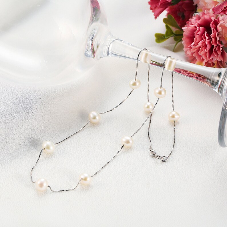 Valentine/'s Day Silver Choker Necklace,925 Sterling Silver Jewelry,Freshwater Pearls Pendant Necklace,White Pearl Box Chain Necklace