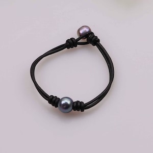 Freshwater Pearl Leather Bracelet,Women Beaded Jewelry,Black Pearls Bracelet For Girls Teens,Knotted Leather Jewelry,Two Pearls Wristband