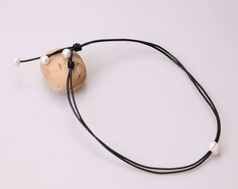 Adjustable Women Pearls Choker Necklace,Handmade Single Big Pearls Chokers,Wrapped Jewelry,Genuine Leather Necklace,Girls Pendant Jewelry