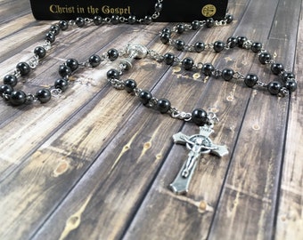 Stunning Hematite Natural Solid Stone Oval Rosary Beads /&FREE ROSARY BOX/&Booklet