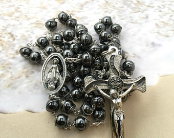 Large hematite rosary, mens hematite rosary, stainless steel hematite rosary, black rosary, wire wrapped rosary, unbreakable rosary, rosary