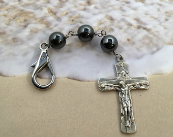 Hematite Bead Rosary Keychain, Catholic Gift