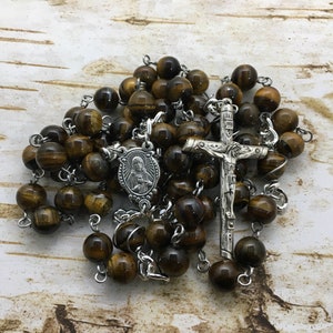 Tigers eye rosary, stainless steel rosary, sacred heart rosary, sturdy rosary, mens rosary, catholic fathers gift, rosary, brown rosary