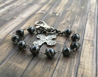 Hematite Rosary Keychain: Four Way Cross, Catholic Gift