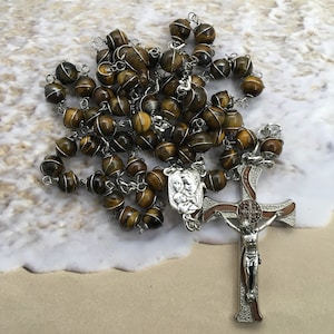 Mens rosary, tigers eye rosary, Stainless Steel rosary, Holy Family rosary, catholic dad gift, wrapped rosary, heavy duty mens rosary