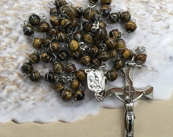 Mens Tigers Eye Rosary: Stainless Steel, Holy Family Centerpiece