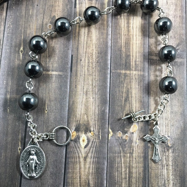 Mens rosary bracelet, hematite stone rosary bracelet, single decade rosary bracelet, catholic gift, confirmation gift, guy rosary bracelet