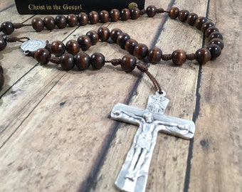Mens Wood Rosary: Brown Corded, Holy Face Centerpiece, 2.5" Crucifix