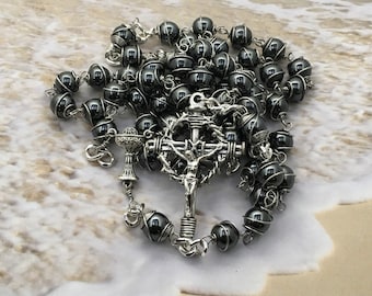 Wrapped hematite rosary, mens rosary, heavy duty rosary, stainless steel rosary, black mens rosary, ordination gift, Father's Day gift