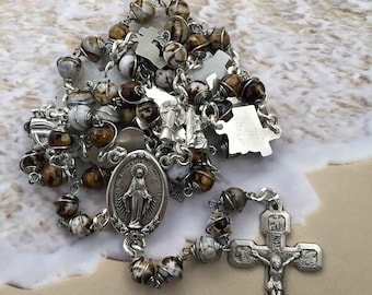 Stations of the cross rosary, brown wrapped rosary, unique rosary gift, lenten rosary, mens rosary, sturdy rosary, semiprecious rosary