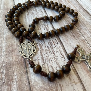 Marian wood rosary, dark brown wood rosary, cord rosary, simple pocket rosary, Catholic rosary gift, gift for her, Easter Catholic gift