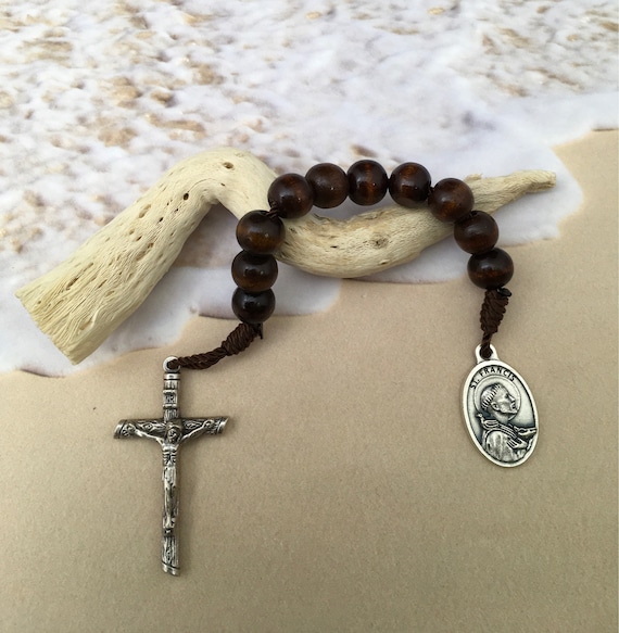 Heaven Catholic brown wood wooden rosary ring rosary beads R cross one decade