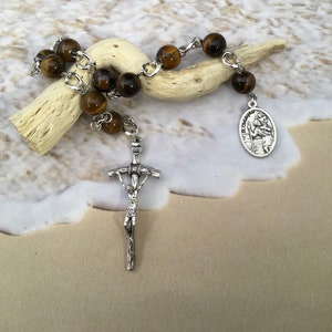 Tigers eye rosary, mens brown pocket rosary, mini rosary, saint Christopher and miraculous medal rosary, catholic rosary gift, mens rosary