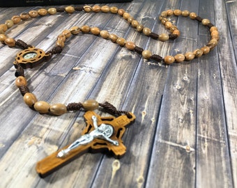 Saint Benedict rosary, olive wood rosary, cord rosary, light wood rosary, pocket rosary, simple rosary, Catholic gift, oval wood beads