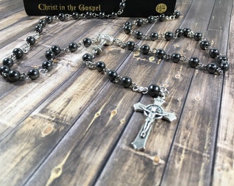 Hematite rosary, mens rosary, 6mm hematite rosary beads, priest rosary, deacon rosary, Christmas gift, stong rosary, standard size rosary