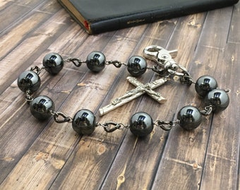 Mens Hematite Rosary Keychain: Stainless Steel Pocket Rosary