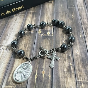 Hematiet rozenkrans armband, heren rozenkrans armband, Saint Maximilian Kolbe rozenkrans armband