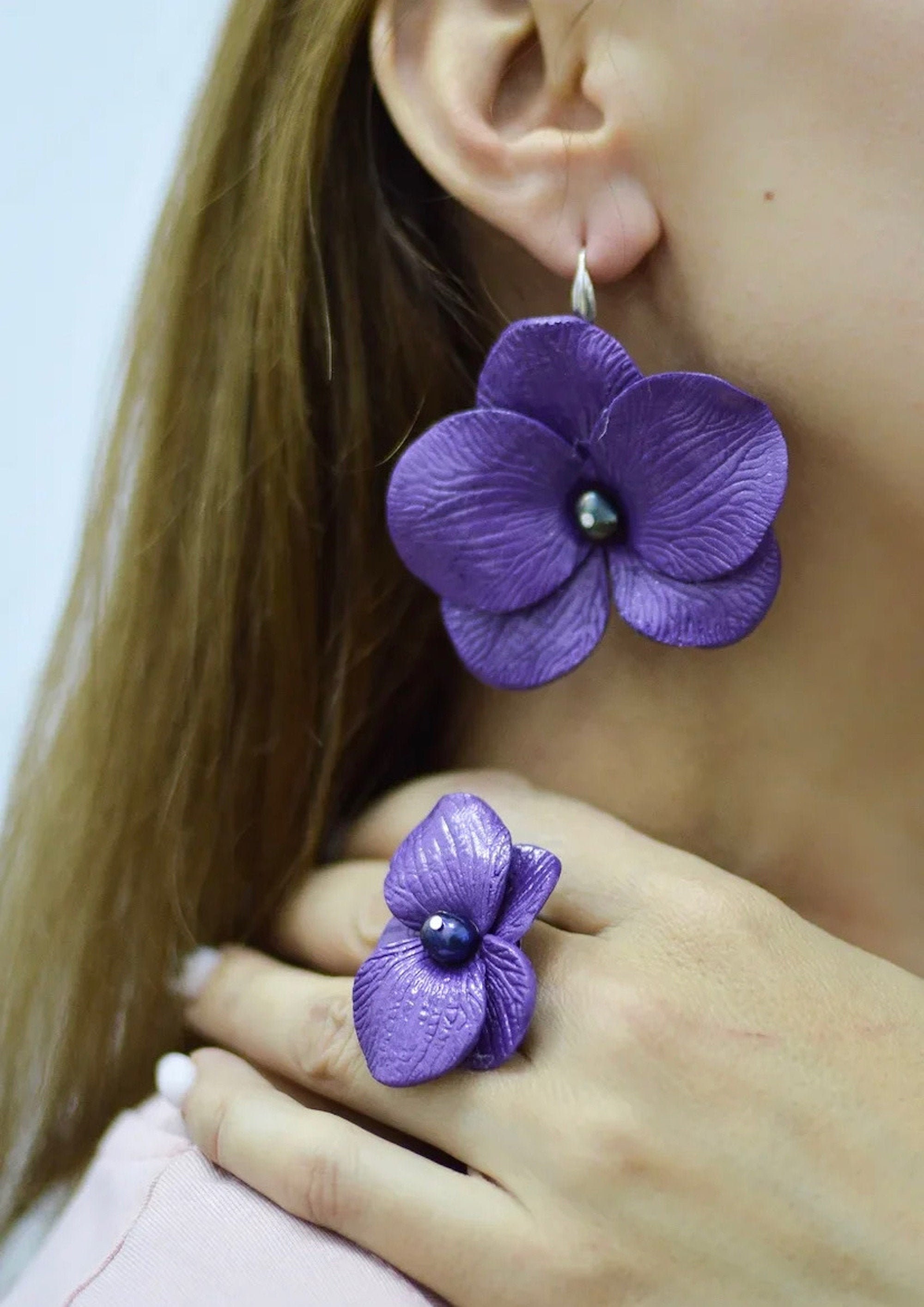 Stylish set of jewelry purple Orchid. Ring and earrings. Etsy
