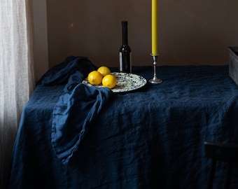 Delicate muslin linen tablecloth in navy blue, Very soft and light linen tablecloth, Scrunched ethereal linen tablecloth