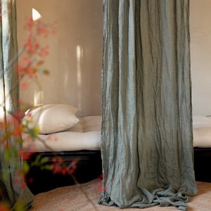 Sage green slightly translucent lightweight linen curtain, Sheer and breezy linen curtain drop in dusty green, Light khaki curtain panel