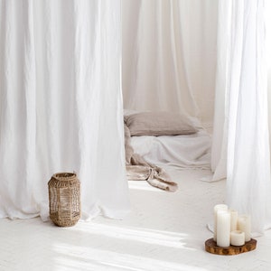 White linen curtain panel 55x110&quot;, White stonewashed linen curtains, Washed soft linen drapes in snow white