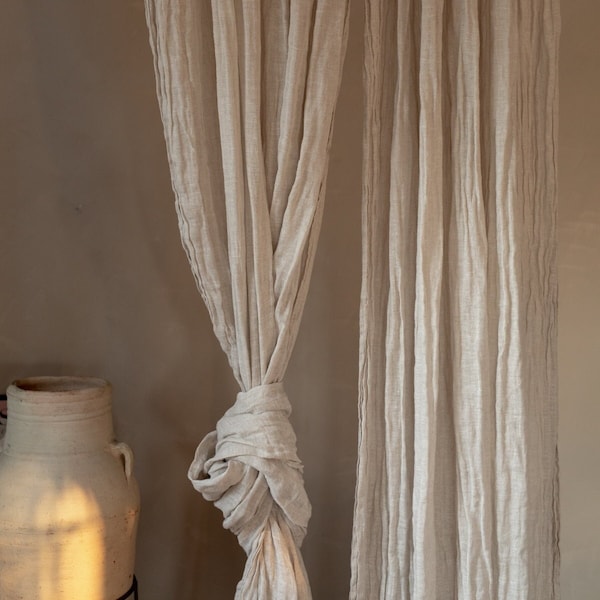 Panneau de rideau en lin transparent froissé, rideau en mousseline de lin douce, voile de lin aéré, piqué de rideau en lin transparent, tenture de fenêtre délicate