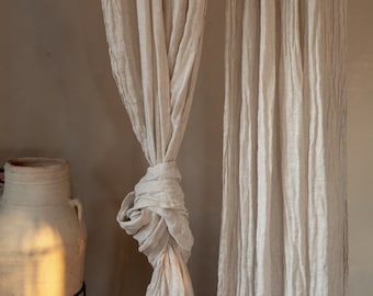 Sheer scrunched linen curtain panel, Soft linen muslin curtain, Airy linen voile, Transparent linen curtain drop, Delicate window drapery