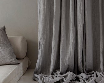 Gray stonewashed linen curtain panel, Soft linen curtain drapes, Luxurious linen curtains