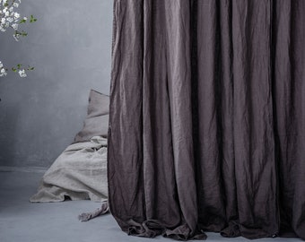 Dark gray linen curtains washed and pre-shrunk, Charcoal medium weight linen curtain panel, Smoke gray linen curtain drop