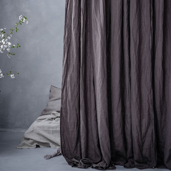 Dark gray linen curtains washed and pre-shrunk, Charcoal medium weight linen curtain panel, Smoke gray linen curtain drop