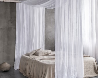 Linen bed canopy scarf, Canopy bed drapes, King bed pure white canopy, Sheer linen canopy scarf