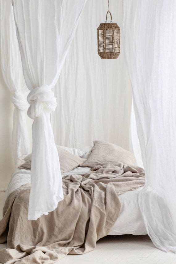Tende di lino bianco trasparente, baldacchino bianco in mussola di lino,  tende di lino bianco perfette -  Italia