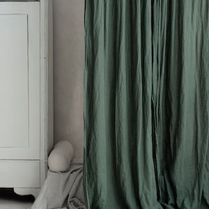 Dark green linen curtains, Linen curtain in green, Forest green curtain drop, Linens in greenery