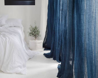 Tende in puro lino 59x118", Baldacchino sopra il letto, Pannello per tende in lino, Mussola di lino leggera e trasparente in blu navy