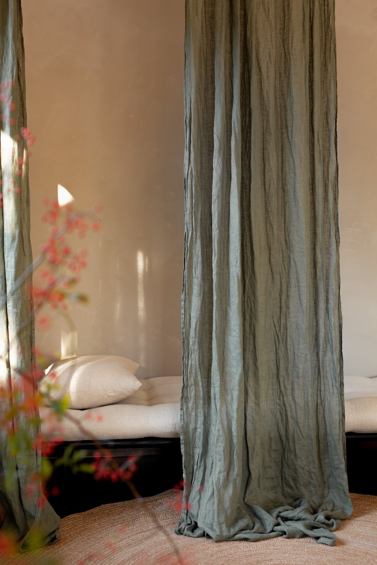 Sage green slightly translucent lightweight linen curtain, Sheer and breezy linen curtain drop in dusty green, Light khaki curtain panel