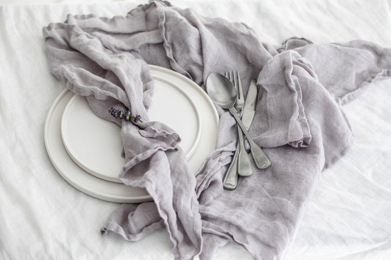 Muslin linen napkin set pearl gray. Delicate transparent linen napkins various colors Pearl gray