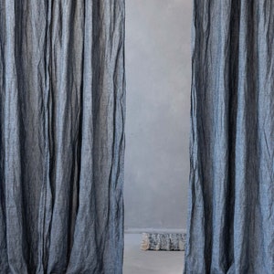 Stone washed linen curtain panel, Soft scrunched linen curtains, Natural linen drapes, Oatmeal washed curtains DENIM
