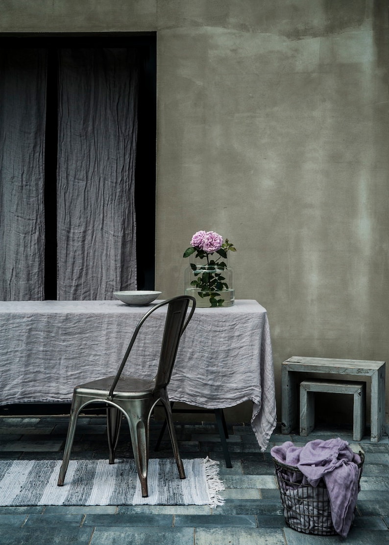 Ethereal linen tablecloth in azure blue, Delicate flowy muslin table linen various colors Pearl gray