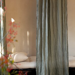 Sage green slightly translucent lightweight linen curtain, Sheer and breezy linen curtain drop in dusty green, Light khaki curtain panel image 2