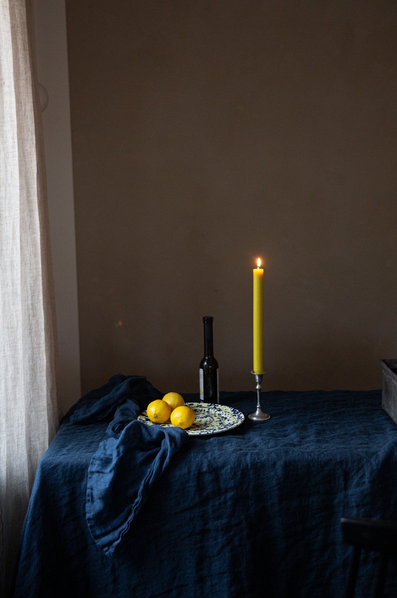 Ethereal linen tablecloth in azure blue, Delicate flowy muslin table linen various colors Navy Blue