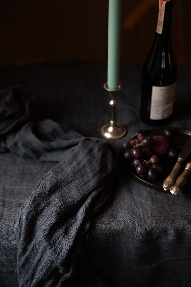 Ethereal linen tablecloth in azure blue, Delicate flowy muslin table linen various colors Graphite