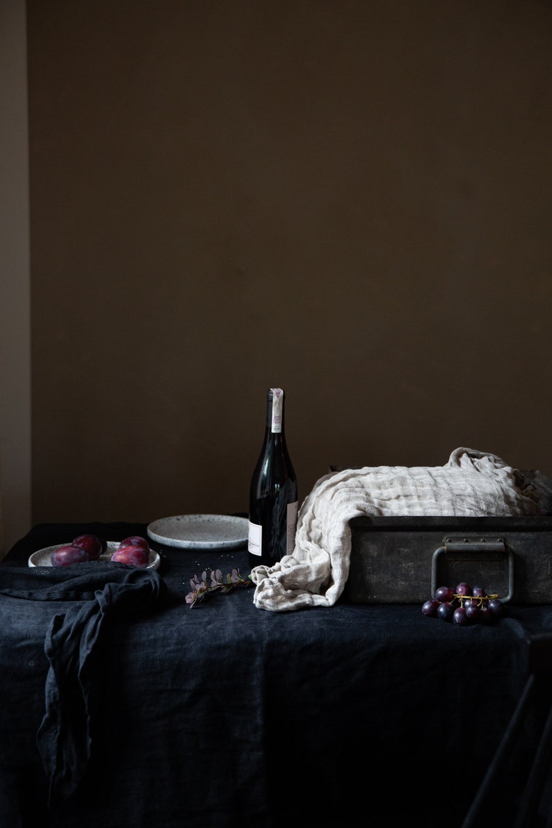 Ethereal linen tablecloth in azure blue, Delicate flowy muslin table linen various colors Black