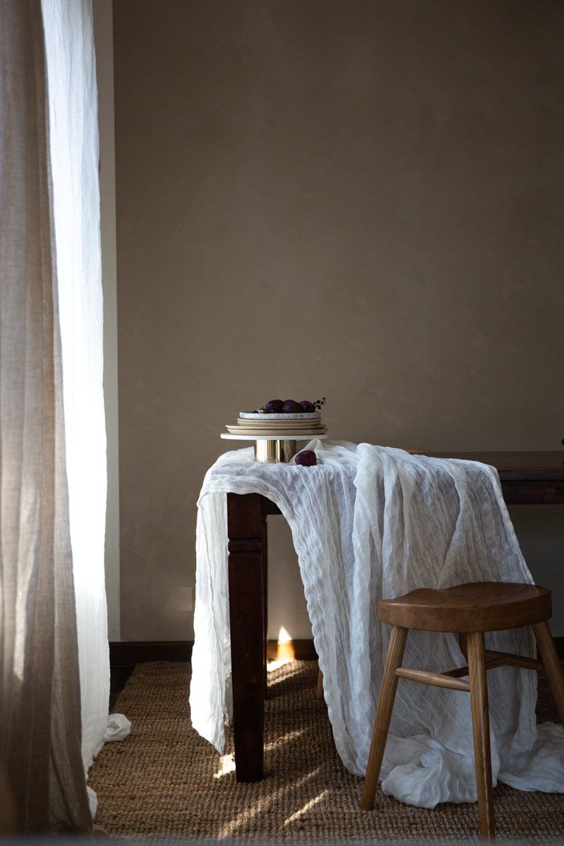 Ethereal linen tablecloth in azure blue, Delicate flowy muslin table linen various colors Ivory (off white)