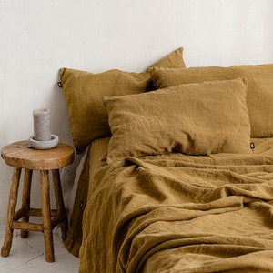 Golden ochre linen bedcover, Heavyweight linen bedspread in golden ocher and other colors