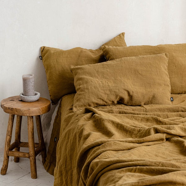 Golden ochre linen bedcover, Heavyweight linen bedspread in golden ocher and other colors