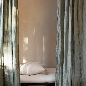 Sage green slightly translucent lightweight linen curtain, Sheer and breezy linen curtain drop in dusty green, Light khaki curtain panel image 6